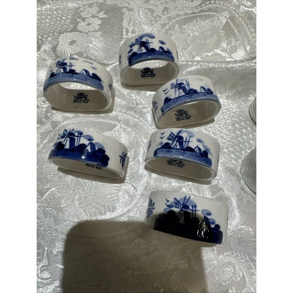Vintage Blue Elseva Delft Napkin Rings, Set of 6